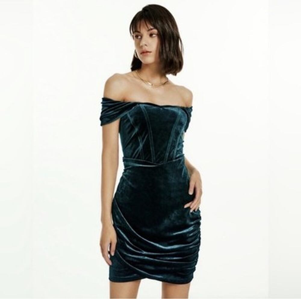 Cider Velvet Off-Shoulder Corset Mini Dress Hunter Green Boned Draped Medium NWT